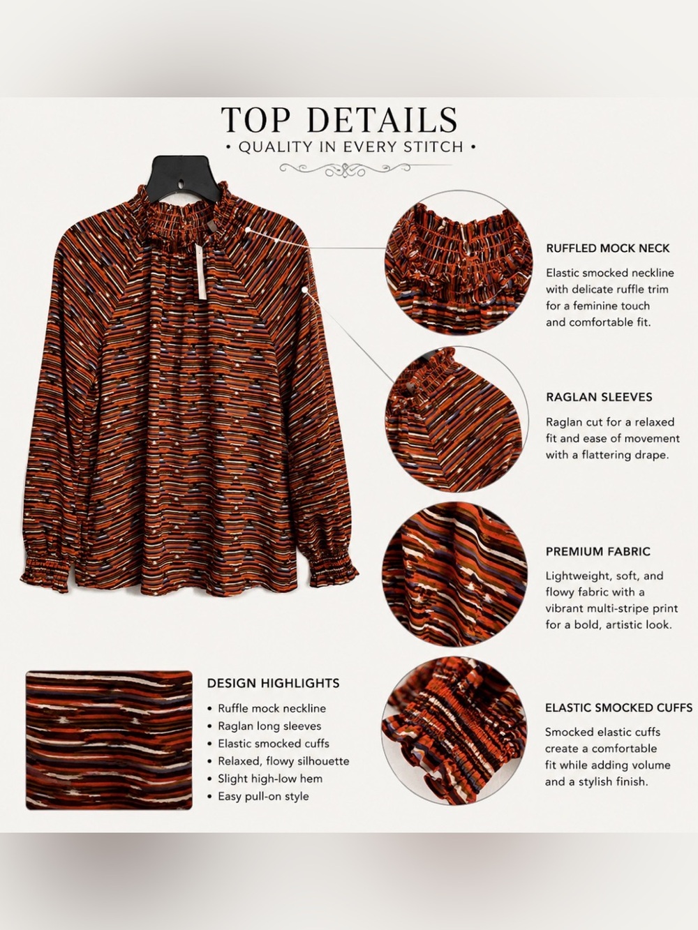 LOFT Rust Multi Ruffle-Neck Long Sleeve Blouse - Picture 4 of 11